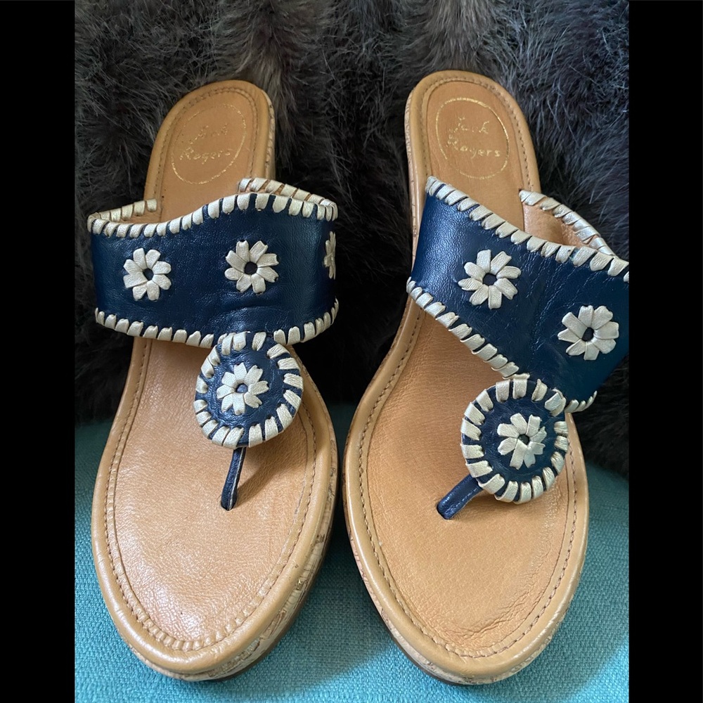 Jack Rogers wedge navy blue metallic cork sandals size 9M